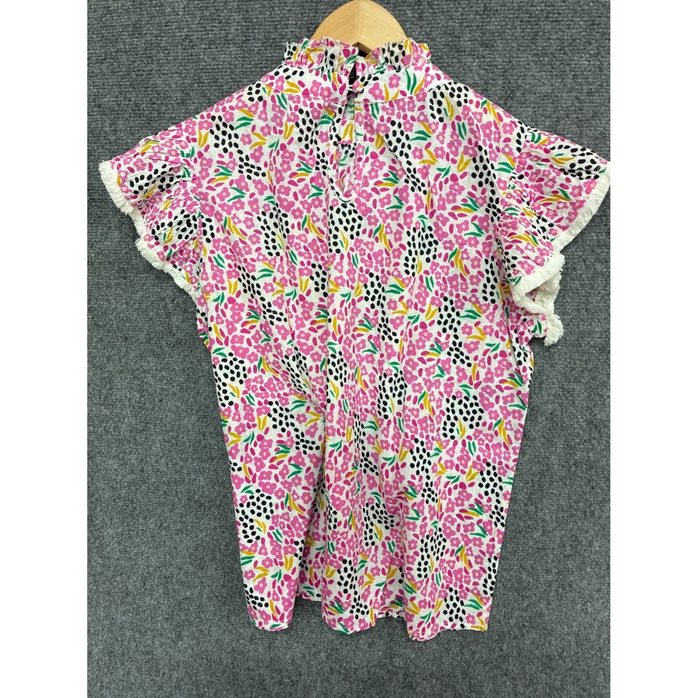 THML Flower Print Flutter Sleeve Top Pink Floral Polka Dot Cotton Blouse Medium - Picture 5 of 6